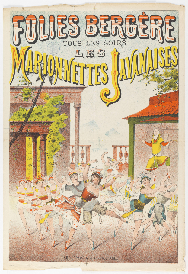 Ein Plakat, das ein Tanzshow in Paris ankündigt, mit einer Gruppe von Menschen im Vordergrund, die tanzen, sowie einem Gebäude, Bäumen und Himmel im Hintergrund, zusammen mit Text.