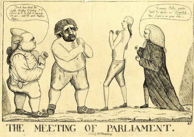 Eine Zeichnung von drei Personen, die stehen und diskutieren, mit einer Person, die lebhaft gestikuliert, und der Beschriftung "Die Parlamentssitzung" darunter.