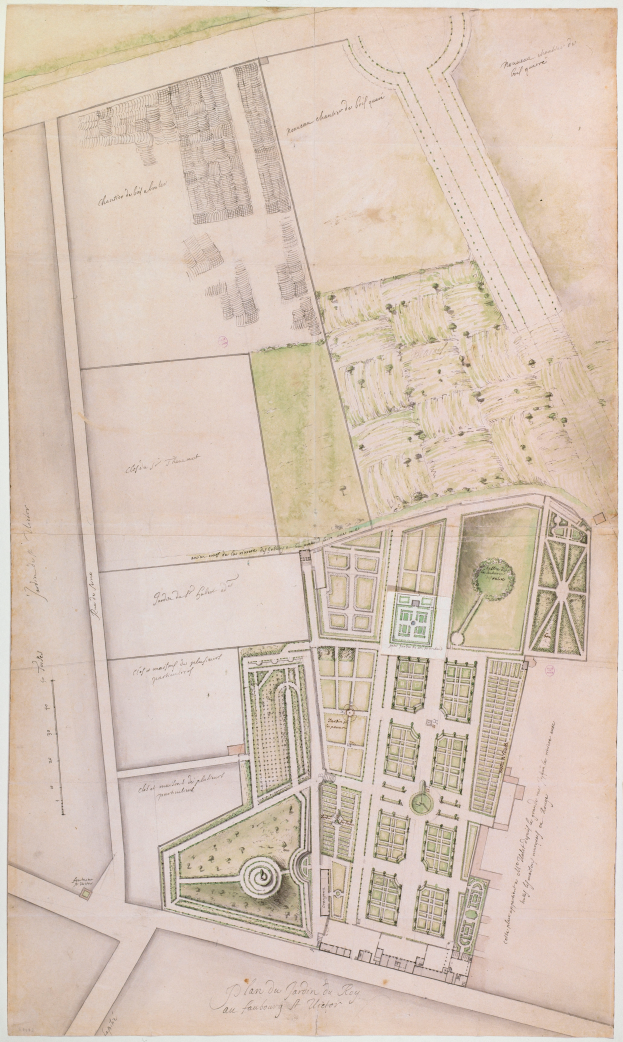 Ein detaillierter Stadtplan auf Papier, der Gebäude, Bäume und Text mit Straßennamen, Parks und Sehenswürdigkeiten zeigt.