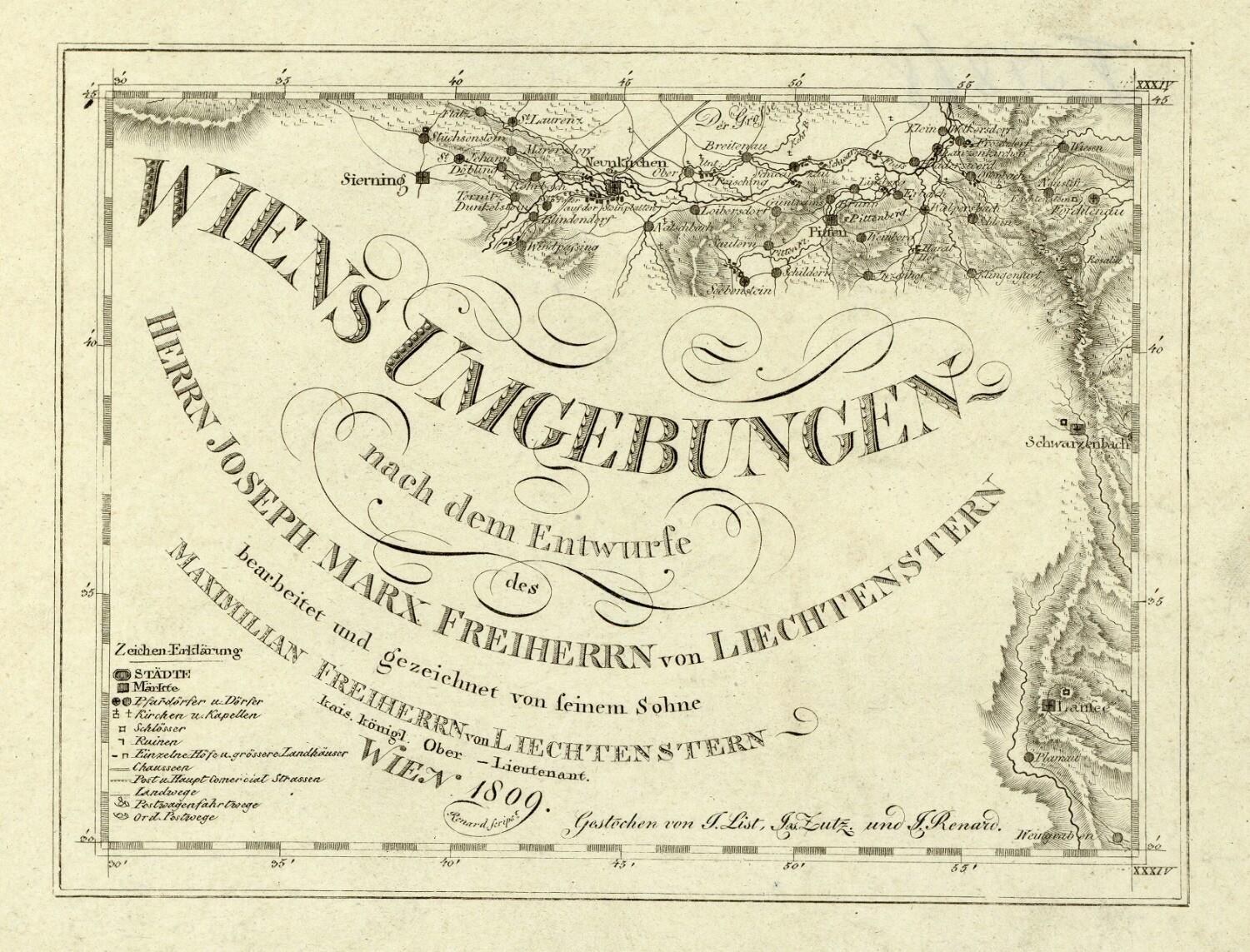 Ausführliche alte Karte von Wien, Deutschland, mit geografischen Merkmalen, Städten, Dörfern und Text mit zusätzlichen Informationen wie Bevölkerung, Straßen und Sehenswürdigkeiten.