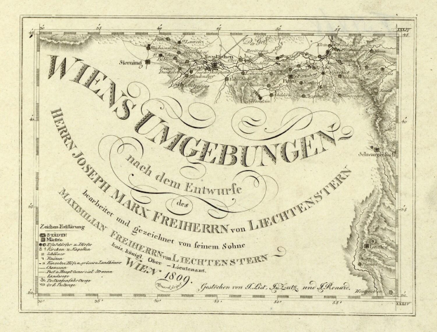 Ausführliche alte Karte von Wien, Deutschland, mit geografischen Merkmalen, Städten, Dörfern und Text mit zusätzlichen Informationen wie Bevölkerung, Straßen und Sehenswürdigkeiten.