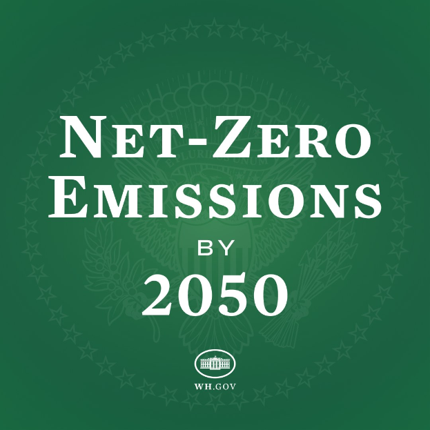 Grüner Hintergrund mit fetter weißer Schrift, die "net-zero emissions by 2050" lautet.
