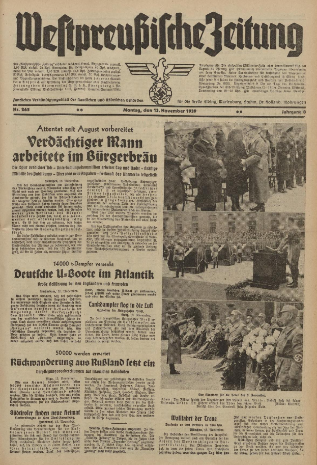 Schwarze Titelseite einer deutschen Zeitung vom 13. November 1939 mit der Schlagzeile "Weitpreubliche Zeitung" und einem Foto von Menschen in traditioneller deutscher Tracht in einer feierlichen Atmosphäre.