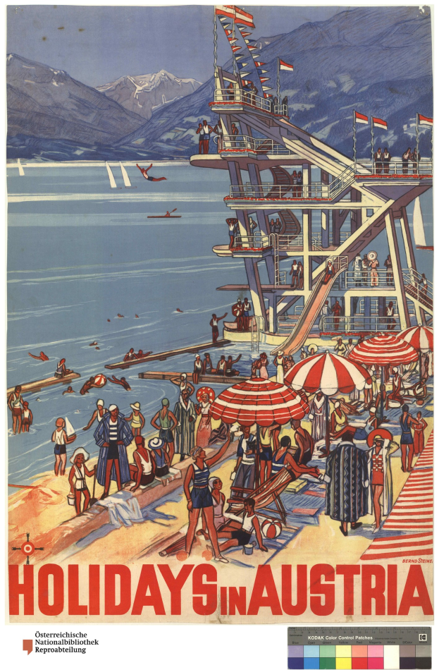 Plakat, das Ürlaub in Österreich bewirbt, mit Menschen am Strand, Schiff im Hintergrund, wehenden Flaggen, entfernten Bergen und Text.