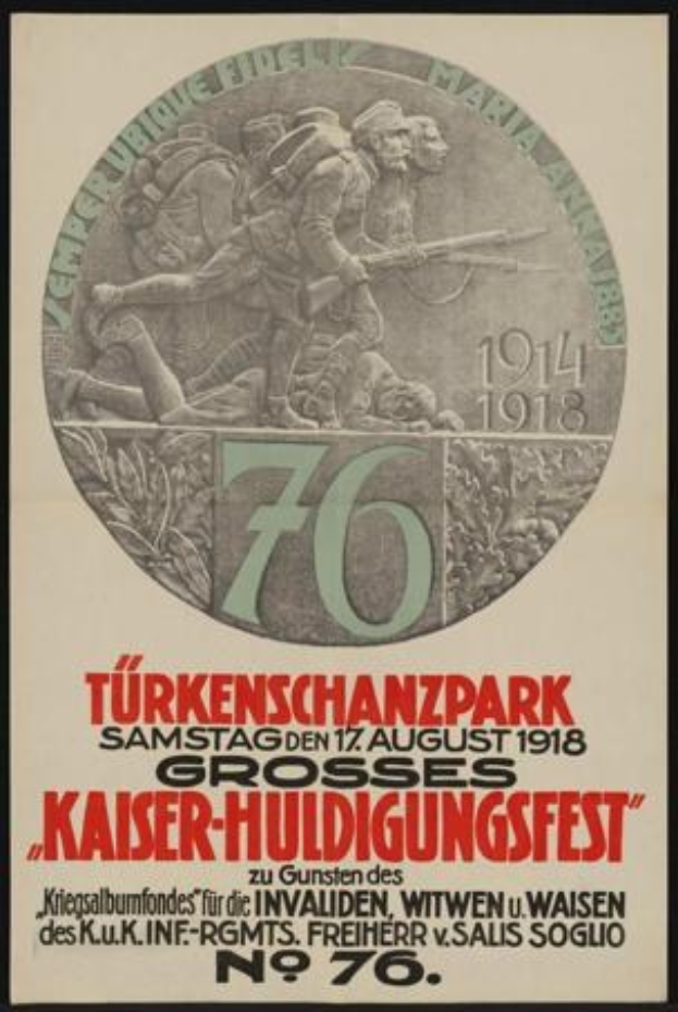 Plakat zum 70. Jahrestag des Kaiser-Huldigungsfestes in Berlin, Deutschland, mit einer Gruppe von Menschen umgeben von Text und Zahlen in einem Rahmen.