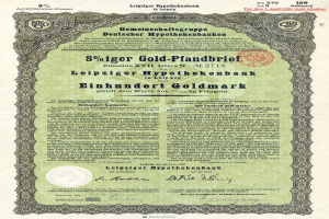 Ein grünes Wertpapier der Leipziger Hypothekbank mit gedrucktem Text und einem Stempel.