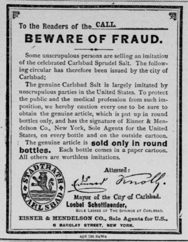 Ein schwarz-weißes Plakat mit einer Betrugswarnung, das den Text "Carlsbad Spruud Salt" und ein Firmenlogo zeigt.