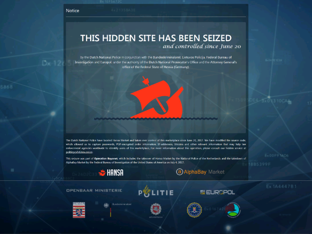 Ein Computerbildschirm mit einer Nachricht, die in fetter, schwarzer Schrift und einem weißen Rand steht: "Diese verdeckte Website wurde beschlagnahmt", neben einem Logo der niederländischen Nationalpolizei mit einem blauen Schild und einem weißen Stern in der Mitte.
