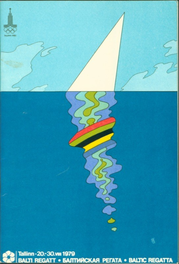 Plakat für die Baltic Regatta 1979 mit einem leuchtend blauen und gelben Boot mit weißer Segel auf hellblauem Wasser, weißer Schrift, die 'Baltic Regatta 1979' lautet, und einem weißen Kreis-Logo mit blauer Umrandung und gelbem Stern gegen einen hellblauen Himmel mit weißen Wolken.