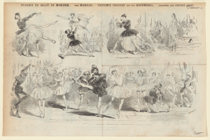 Ein Buchseiten-Abbildung mit einer lebendigen Zeichnung einer Gruppe von Menschen, die im Einklang tanzen, mit begleitendem Text, der das Datum, die Uhrzeit und den Ort des Ereignisses angibt.