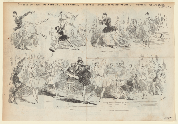 Ein Buchseiten-Abbildung mit einer lebendigen Zeichnung einer Gruppe von Menschen, die im Einklang tanzen, mit begleitendem Text, der das Datum, die Uhrzeit und den Ort des Ereignisses angibt.