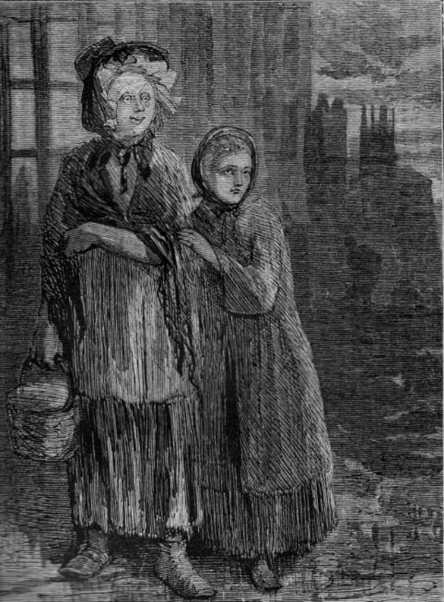 Zwei Frauen in traditioneller viktorianischer Kleidung stehen nebeneinander, eine hält einen Korb, mit entschlossener Miene, vor einem Gebäude; schwarz-weißes Bild mit "Victorian Women's Suffrage"-Text unten.