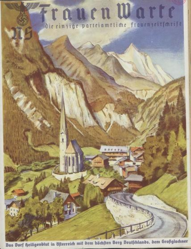 Altes deutsches Reiseplakat aus den 1930er Jahren, das eine kleine Bergstadt mit Häusern, Bäumen und einer gewundenen Straße zeigt und von Text begleitet wird.