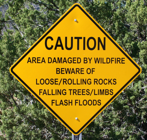Gelbes Warnschild an einem Pfahl im Vordergrund mit der Aufschrift "Vorsicht: Wildfire-Geschädigtes Gebiet - Achten Sie auf lockere rollende Steine, umstürzende Bäume, Äste, Flash Floods" mit Bäumen im Hintergrund.