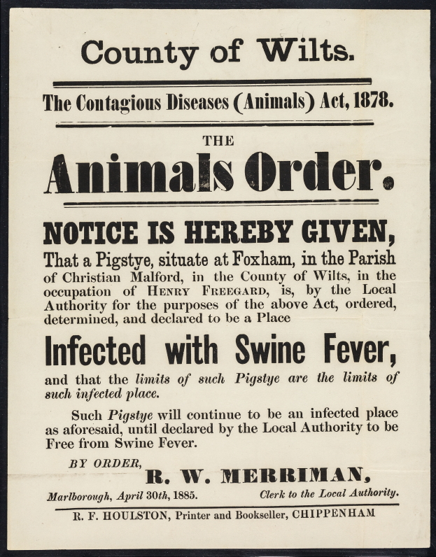 Ein Plakat mit Text, der die Animals Order Notice unter dem Contagious Diseases Animals Act, 1878, für Schweinepest in der Grafschaft Wilts ankündigt.