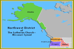 Ein detaillierter Plan des Nordwestdistrikts der Lutheran Church-Missouri Synod, der verschiedene Distrikte und umliegende Gebiete zeigt, mit zusätzlichem Text, der Informationen über die Kirche und ihren Standort bereitstellt.