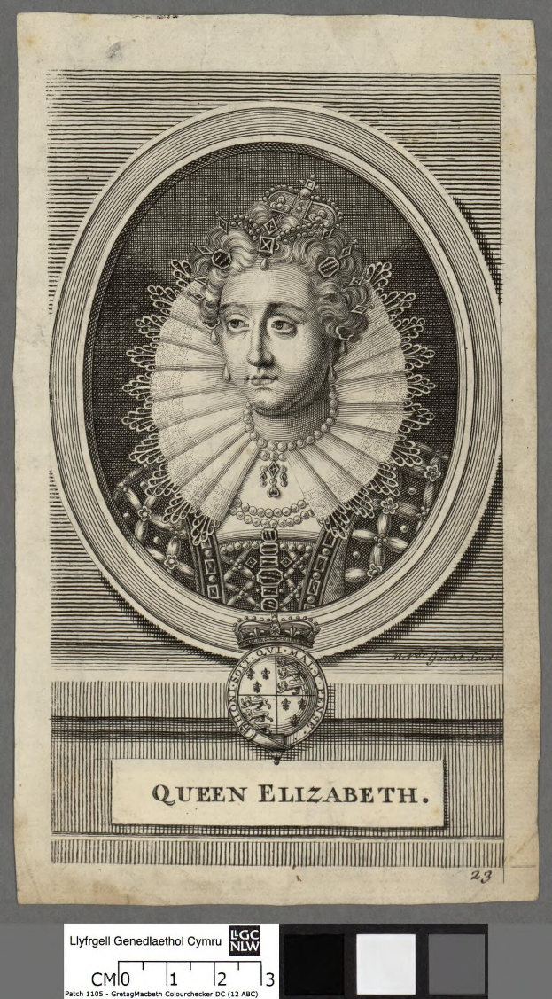 Porträt der Königin Elizabeth I. von England in königlicher Kleidung mit einer Krone und Tiara, grauer Hintergrund, feine Gesichtsmerkmale und würdevoller Ausdruck.