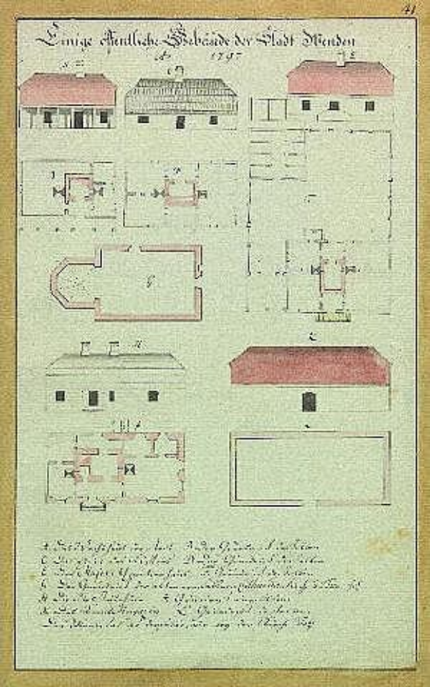 Ausführlicher Architekturplan von Schloss Stiefen, einem deutschen Gefängnis aus dem Jahr 1797, mit einem Haus mit rotem Dach, Wänden, Fenstern, Türen und begleitenden strukturellen Beschreibungen.