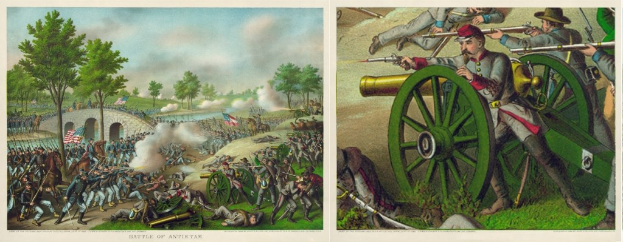 Ein Plakat, das die Schlacht von Antietam zeigt, mit Soldaten, die stehen, liegen und Gewehre halten, vor einem Hintergrund aus Bäumen, einer Brücke, Flaggen, Rauch und einem bewölkten Himmel, mit Text unten.