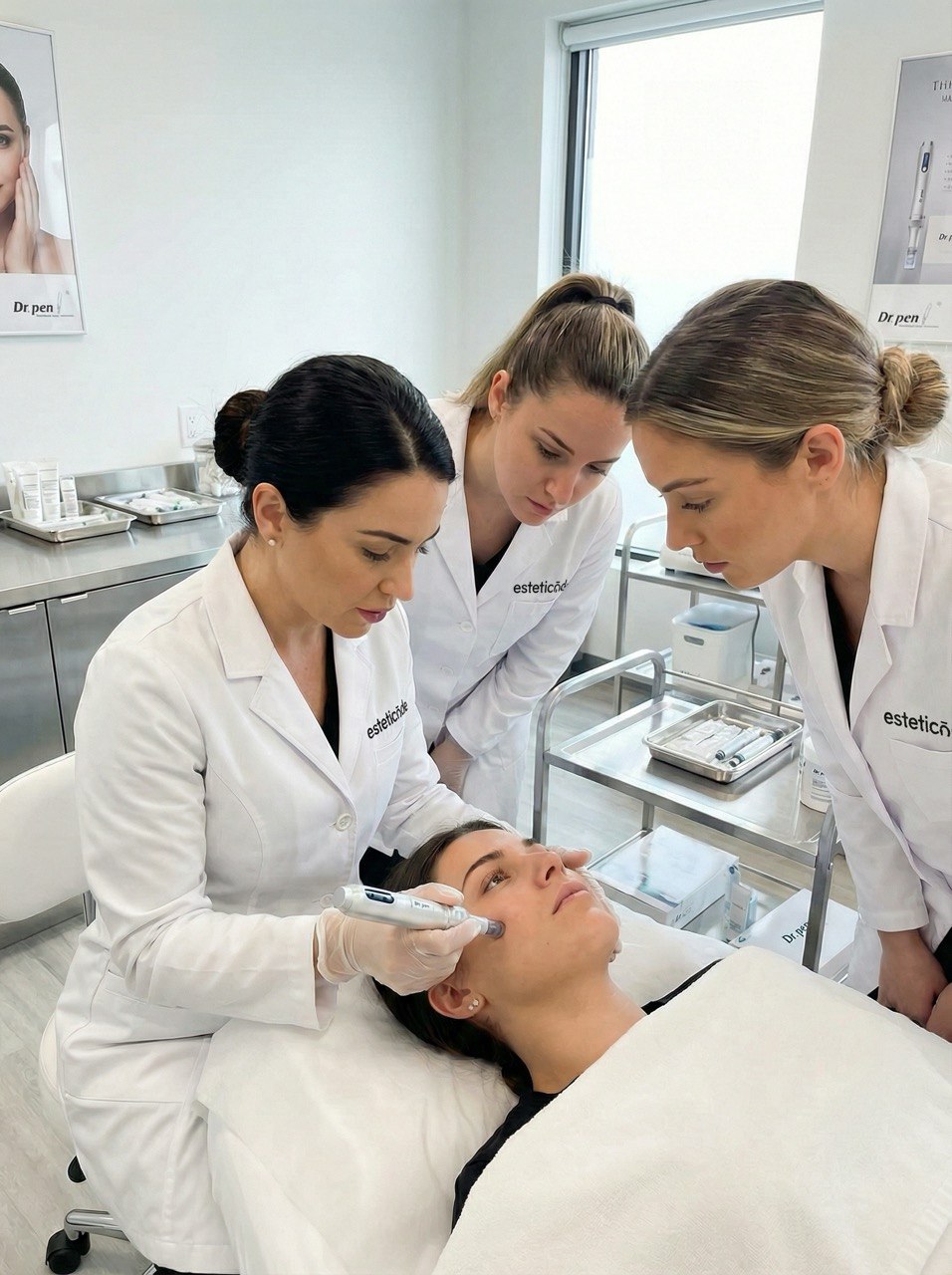 Eine zeitgemäße Kosmetikpraxis: Drei Fachkräfte in professioneller Kleidung führen konzentriert eine Gesichtsbehandlung durch. Die Atmosphäre strahlt Präzision und Expertise aus, während moderne Hautpflege-Technologien in einer klinisch reinen Umgebung zum Einsatz kommen.