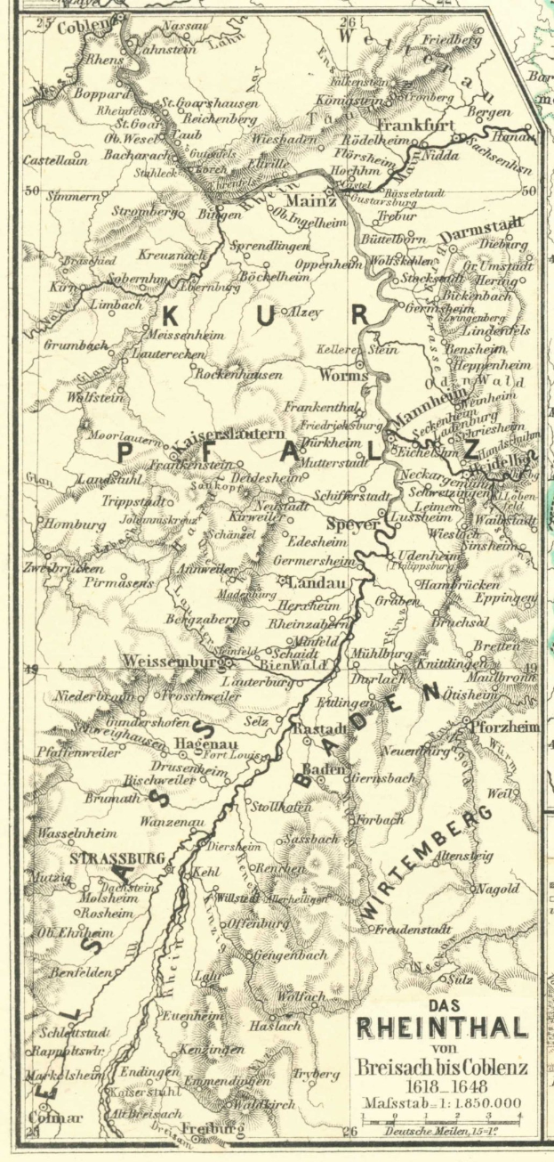 Alte Karte des Rheins in Deutschland mit detaillierten Flüssen, Städten und Gewässern, begleitet von Text oben und unten.
