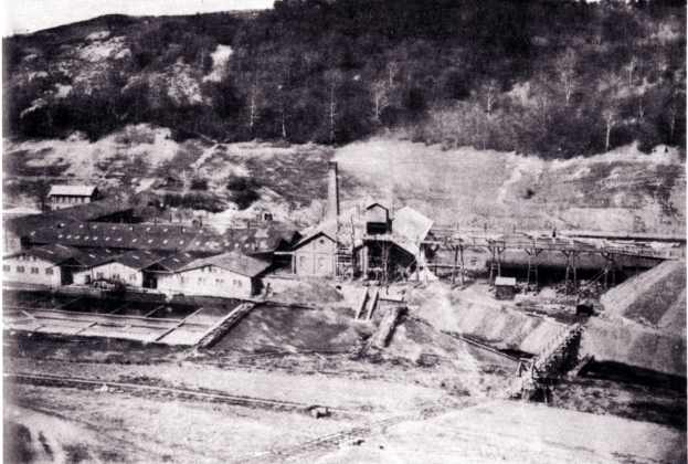 Schwarzes und wei├čes Foto eines Kohlebergbaus mit Geb├Ąuden, Masten und B├Ąumen im Hintergrund; Text unten.