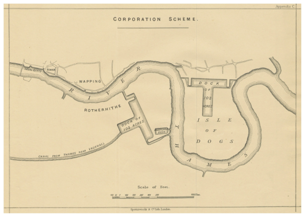 Detailiertes altes Stadtplan von London, das das Corporation-Schema hervorhebt, zeigt Straßen, Gebäude und Sehenswürdigkeiten mit erklärendem Text.