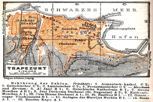 Ein detaillierter alter Stadtplan von Trapezunt, Deutschland, der Stra├čen, Geb├Ąude, Landmarken und Text mit Informationen ├╝ber die Bev├Âlkerung, Stra├čen und Landmarken zeigt.