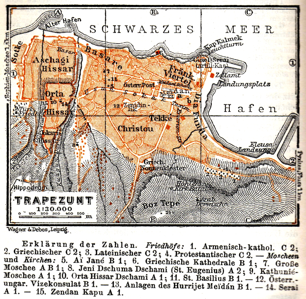 Ein detaillierter alter Stadtplan von Trapezunt, Deutschland, der Stra├čen, Geb├Ąude, Landmarken und Text mit Informationen ├╝ber die Bev├Âlkerung, Stra├čen und Landmarken zeigt.
