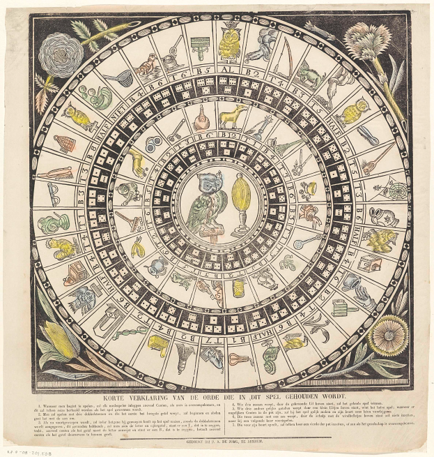 Ein Blatt mit einem Zodiak-Rad in der Mitte, unterteilt in zwölf Abschnitte, die jeweils ein anderes Zodiak-Zeichen darstellen, umgeben von Bildern eines Löwen, Giraffen, Affen, Zebras und Hippos, mit dekorativem Text um das Rad.