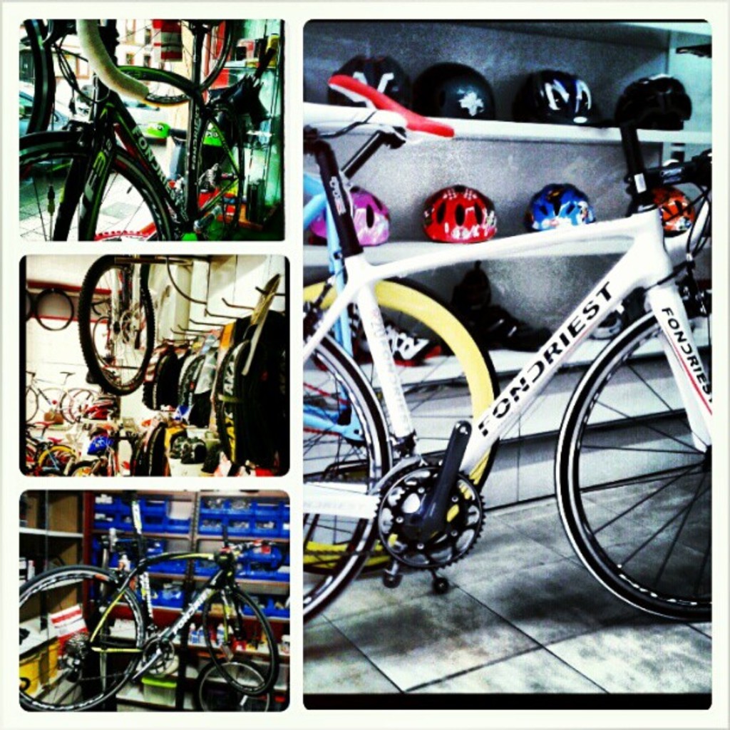 Eine Collage mit verschiedenen Fahrrädern und Helmen.