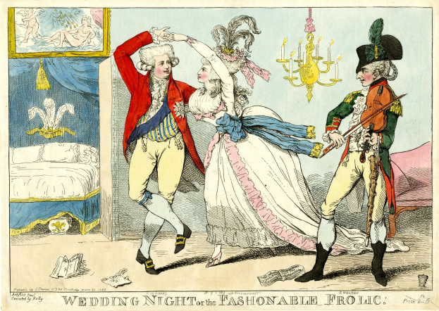 Eine Karikatur eines Mannes und einer Frau, die auf einer Hochzeit tanzen, beleuchtet von einem Kronleuchter, mit einem Bett, einem Rahmen an der Wand und verschiedenen Gegenständen auf dem Boden; unten steht der Text "Hochzeitsnacht oder das Modevergnügen".