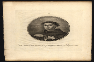 Ein altes Buch mit einer Schwarz-Weiß-Zeichnung eines Männergesichts, das eine weiße Robe mit einem blauen Band trägt und direkt in die Kamera schaut, umgeben von kursivem Text in einem weißen Rahmen.