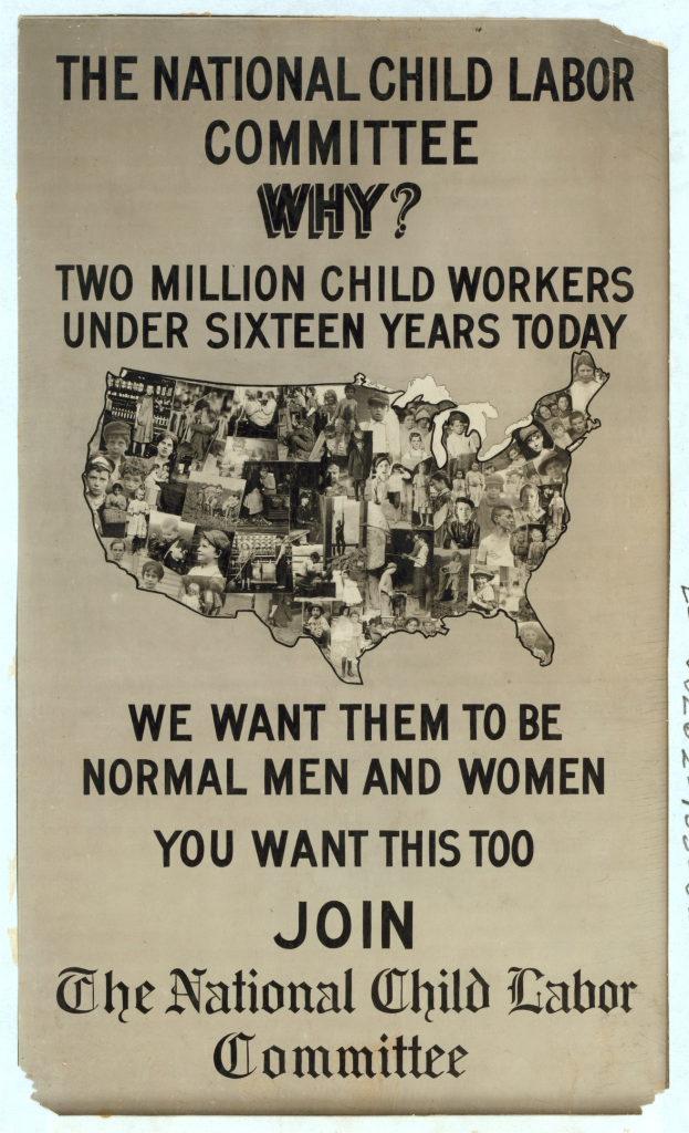 Plakat mit der Überschrift "Das Nationale Komitee für Kinderarbeit: Warum? Zweieinhalb Millionen Kinderarbeiter unter sechzehn Jahren heute" mit einer USA-Karte und mehreren illustrierten Gesichtern, die Komiteemitglieder darstellen.