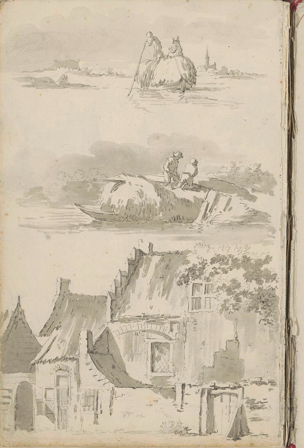 Ein offenes Buch mit dem Titel "Landschaft mit Hütten" von Johannes Vermeer, das eine Zeichnung einer Dorfszene mit Häusern, Bäumen, Menschen und einem Boot auf dem Wasser zeigt.