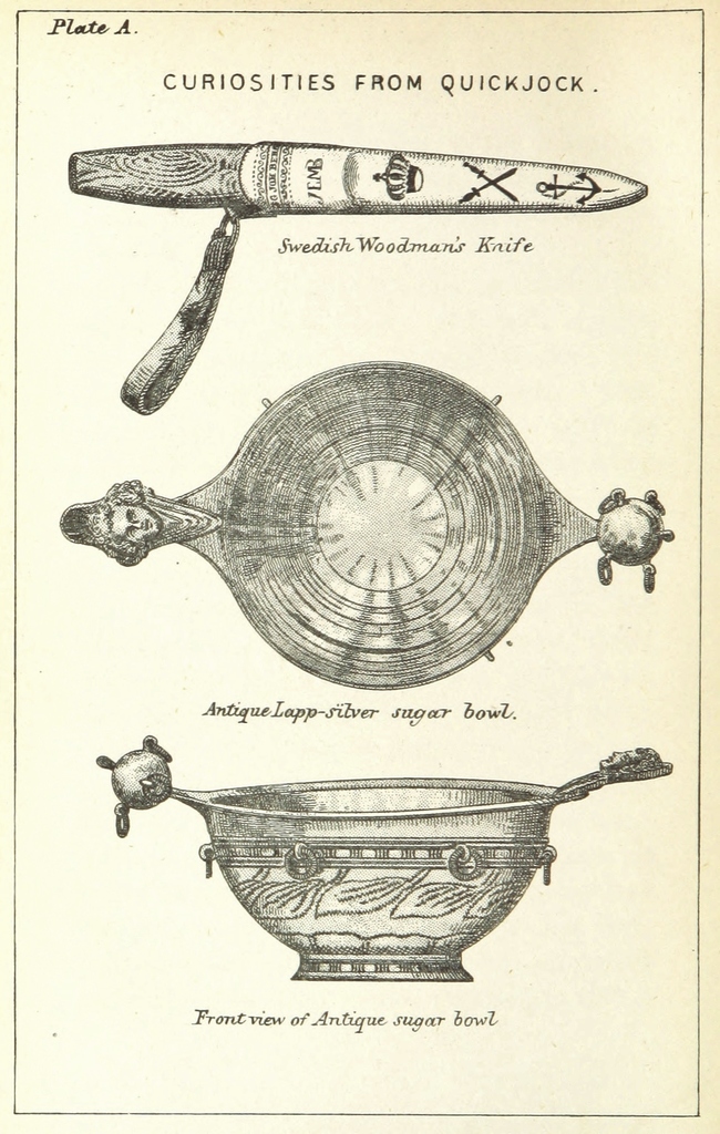 Ein Messer und zwei Schalen mit Text auf einer Oberfläche.