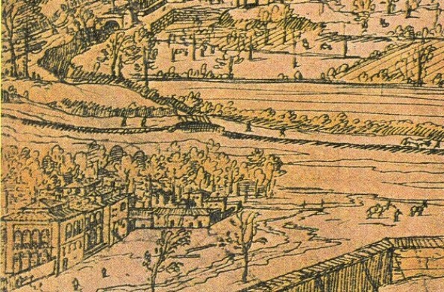 Ein detailliertes Stadtlandschaftsbild mit einer gewundenen Flusslandschaft, grünen Bäumen und hohen Gebäuden, die eine friedliche Atmosphäre schaffen.