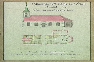 Eine Zeichnung der Nikolaikirche in Dresden, Deutschland, mit einem Turm und einem Glockenturm sowie begleitendem Text.