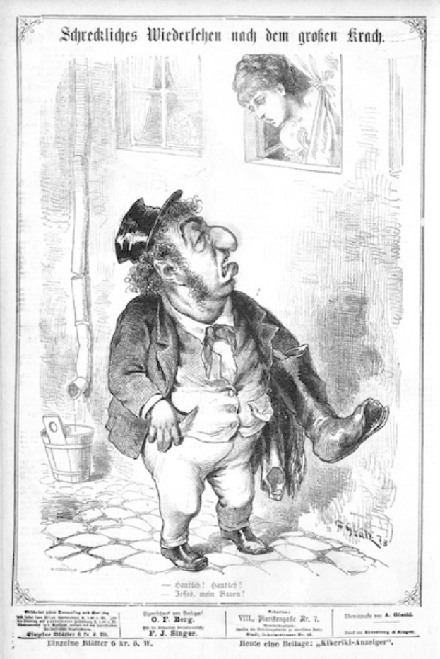 Cartoon eines Mannes mit Zylinder und einer Frau in einem Kleid, die neben einer Wand, einem Fenster und einem Eimer stehen, mit Text unten, der "F. J. Singer, der erste deutsche Politiker, der in den Kongress gewählt wurde" lautet.
