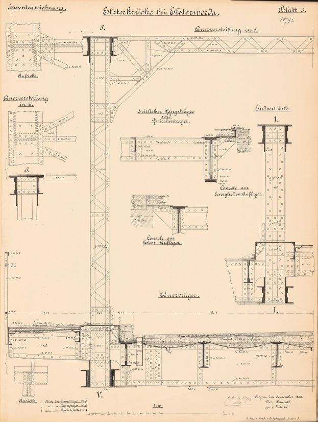 Schwarz-weiß-Illustration einer Brücke im Bau mit detaillierten architecturalen Plänen und Text auf der Seite.
