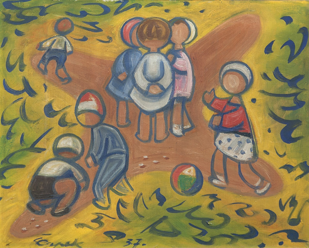 Malerei auf einer Tafel, die Kinder beim Spielen mit einem Ball in einem hellen, fröhlichen Feld zeigt, mit etwas Text sichtbar.