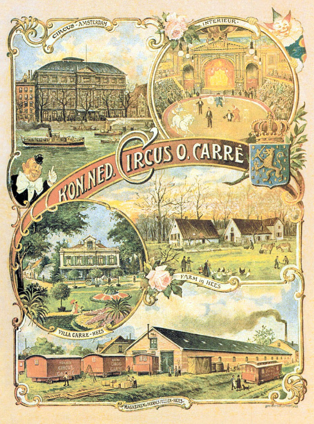 Ein farbenfrohes Zirkusposter in einer urbanen Umgebung, umgeben von Gebäuden, Bäumen und Menschen, mit bunten Illustrationen von Tieren und Text.