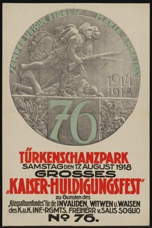 Plakat zum 70. Jahrestag des Kaiser-Huldigungsfestes in Berlin, Deutschland, mit einer Gruppe von Menschen, umgeben von Text und Zahlen in einem Rahmen.