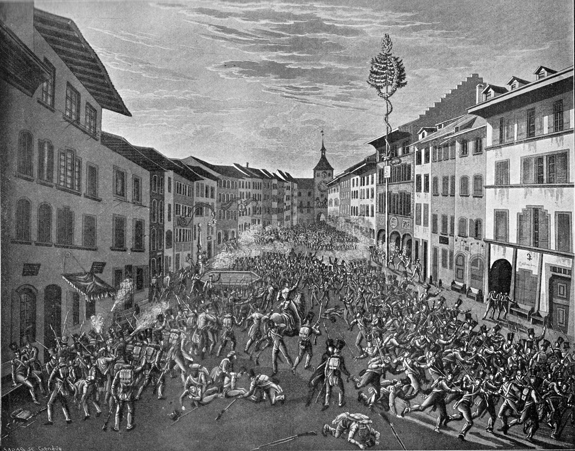 Eine Schwarz-Weiß-Zeichnung einer belebten Stadtstraße mit Gebäuden auf beiden Seiten und einem Himmel im Hintergrund, mit der Aufschrift "The Battle of Stuttgart" unten.