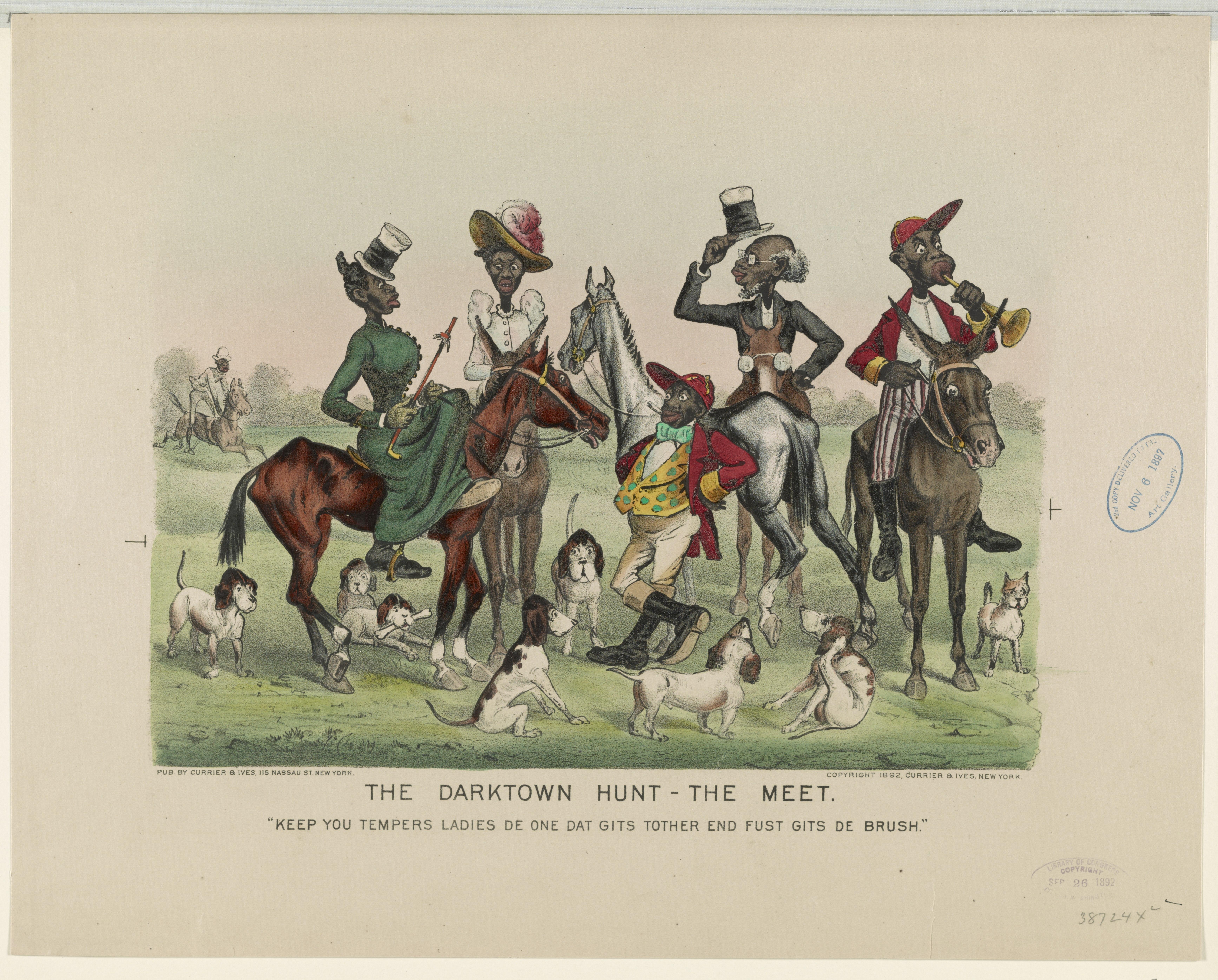 Eine Gruppe von Menschen zu Pferd und Hunden in einem Park mit Bäumen im Hintergrund, mit Text unten: "The Darktown Hunt - The Meet".