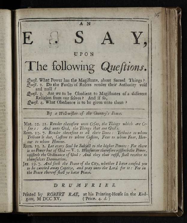 Offenes Buch mit den Wörtern "an essay upon the following questions" auf den Seiten gegen einen schwarzen Hintergrund.
