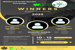 Ein buntes Plakat mit einem blauen Hintergrund und gelben und weißen Buchstaben, die in fetter Schrift "Gewinner" bilden, zeigt mehrere strahlende Menschen in der Mitte.