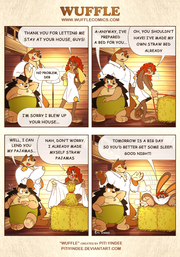 Ein Plakat mit einem Comicstrip, der einen Cartoon eines Mannes und einer Frau zeigt, die von Tieren und Gras umgeben sind, mit der Aufschrift "Wuffle by Pitiyindee".