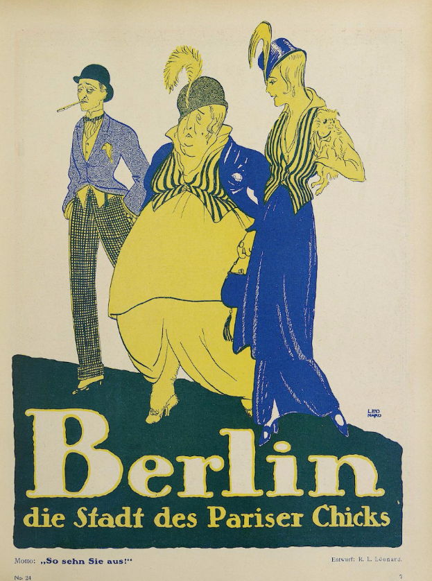 Ein Plakat, das ein Konzert in Berlin, Deutschland, ankündigt, mit einer Gruppe von Menschen in bunter Kleidung vor einem Gebäude mit der Aufschrift 'Berlin - Die Stadt des Pariser Chicks' oben.