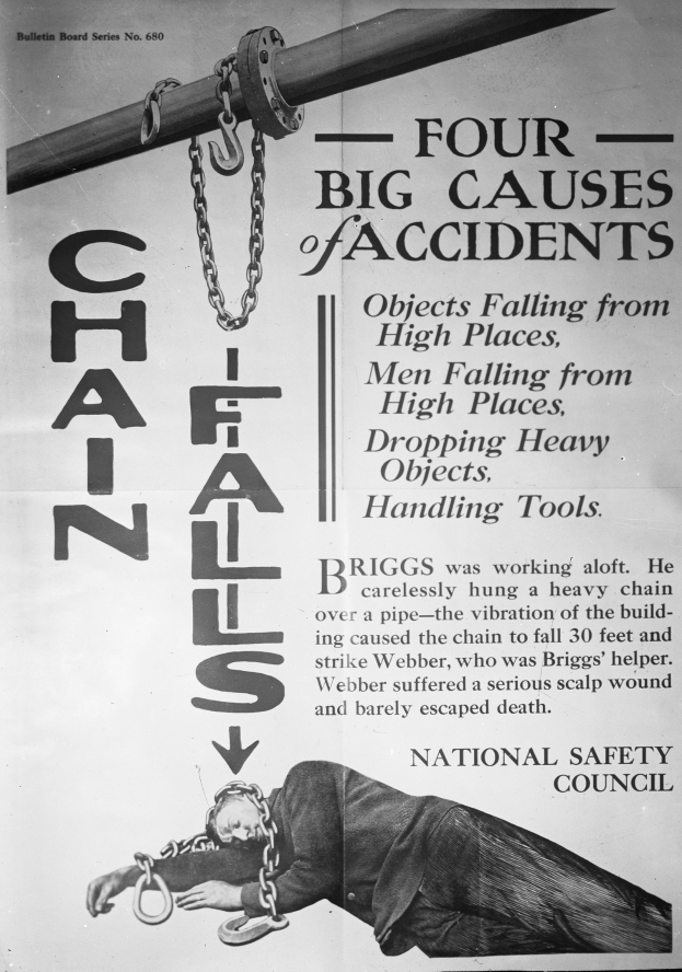 Schwarzer und weißer Plakat mit der überschrift "Vier große Unfallursachen" mit einem Bild einer Person auf einer Stange mit Ketten.